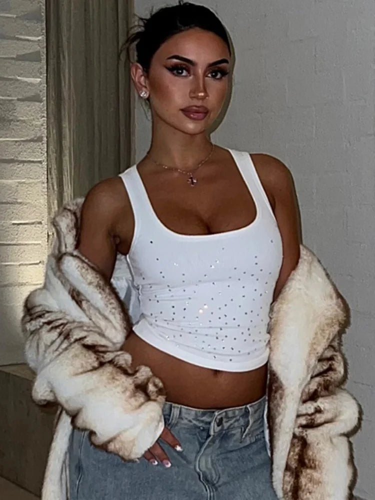 Rhinestone Crop Tops Black White Ribbed Square Neck Bodycon Tank Top Sexy Woman Clothing Summer 2025