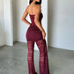 Lace Strapless Jumpsuits Women Ruched Sash Wrap Flare Pants See Through Mesh Bodycon Romper Night Club Party Jumpsuit