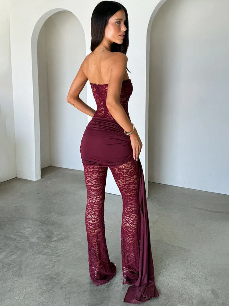 Lace Strapless Jumpsuits Women Ruched Sash Wrap Flare Pants See Through Mesh Bodycon Romper Night Club Party Jumpsuit
