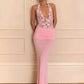 Women Halter Deep V Neck Mermaid Sexy Maxi Dress Floral Lace Spliced Ruched Bodycon Floor‑Length Evening Party Dress