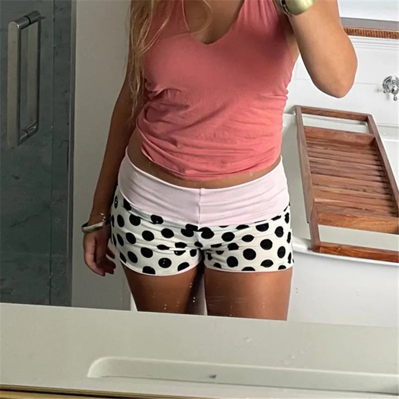 Women's Polka Dot High Waist Shorts Contrast Color Band Waist Stretch Booty Shorts Y2K Casual Beach Summer Lounge Shorts