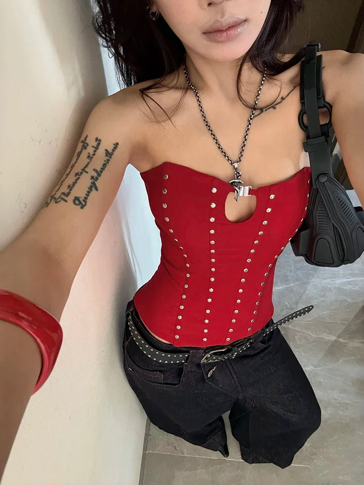 Party Coquette Tank Top Women Hollow Rivet Classic Trend Sleeveless Stretch Skinny Midnight Sexy Christmas Club Vests