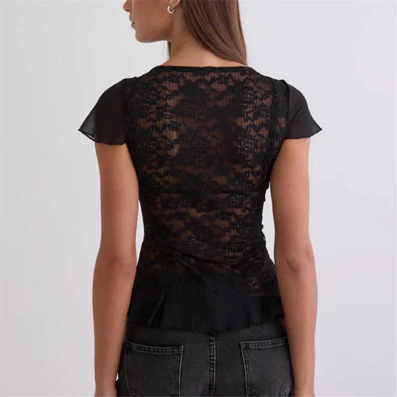 Women's Floral Lace Sheer T Shirt Blouse Short Sleeve Round Neck Ruffle Hem Fitted See-Through Top for Casual Party