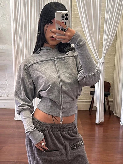 Hooded Crop Tops Women Single-Breasted Bandage Full Sleeve 2026 Autumn Fashion Leisure Comfortable Classic Streetwear