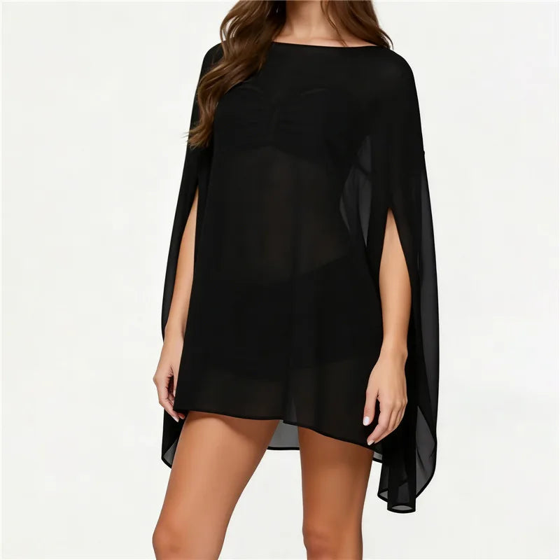 Women Poncho Batwing Sleeve Sheer Tops Solid Color Loose Fit Fall Summer Cover Ups Tops Clubwear for Party