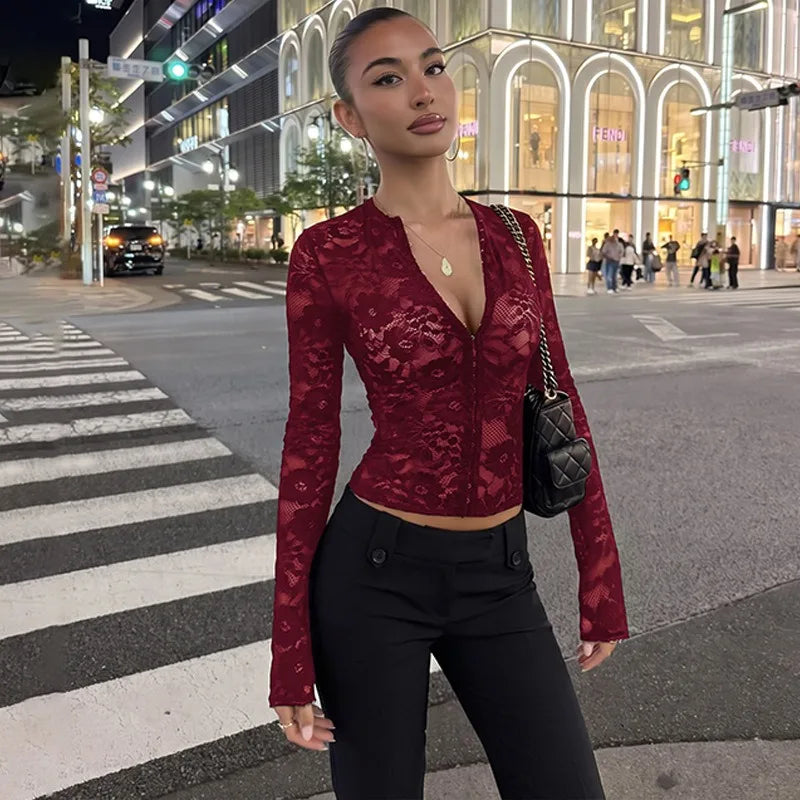 Sexy Sheer Black Floral Lace Crop Tops Front Clasp Closure Long Sleeve Woman's Shirts 2026 Fall Clothes