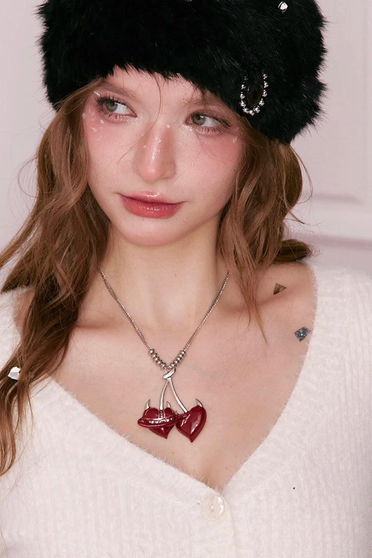 Y2K Design Cherry Pendant Little Devil Heart Necklace For Women