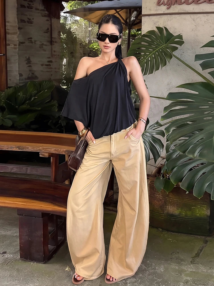Fashion Off-Shoulder T-Shirt Women Trend Classes Skew Collar One-Sleeve Patchwork Stretch Casuals Street Sport Tess