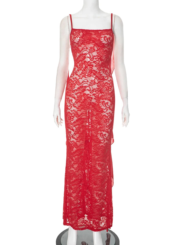 Mesh Patchwork Dress Women Sexy Jacquard Backless Sleeveless Long Ribbon Midnight Hipster Coquett Club Party Outfits