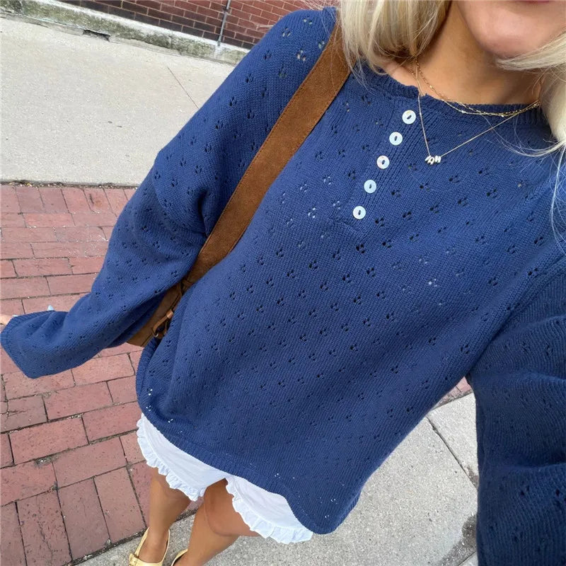 Women Hollow Eyelet Knitted Sweater Henley Button Neck Long Sleeve Loose Cropped Jumper Casual Spring Fall Pullover