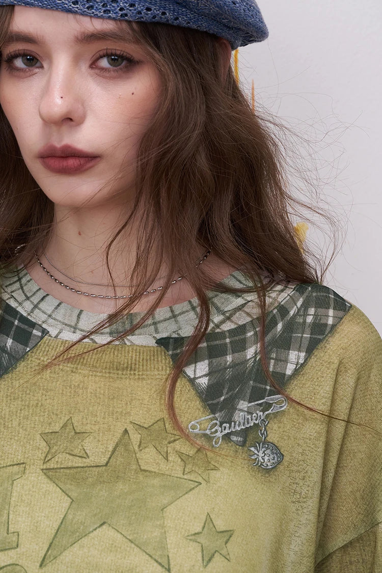 Plaid Patchwork Fake Two-Piece Sweatshirt with Star Print for Women