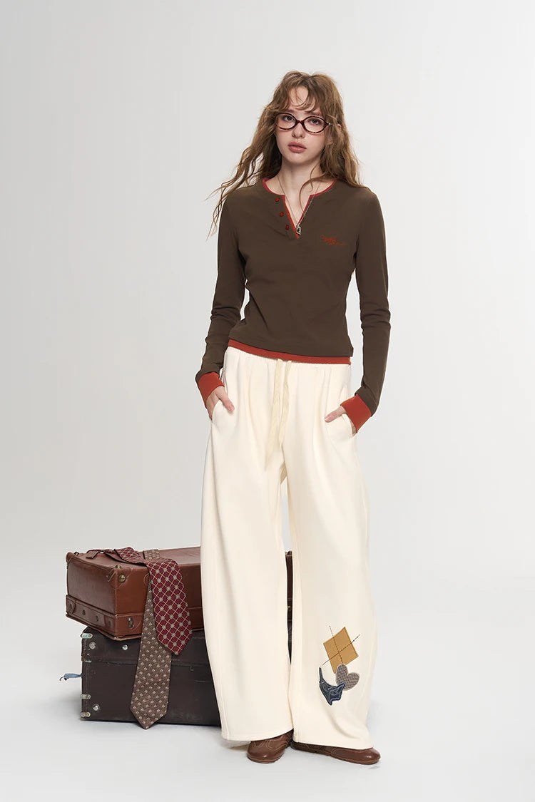 Women's Henley Ringer T-Shirt with Contrast Trim, Long Sleeve Casual Slim Top for Everyday Wear