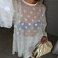 Sheer Mesh Long Puff Sleeve Casual Summer Cover Up T Shirt Blouse Women Y2K Polka Dot Beach Cover Up Shirt Dress