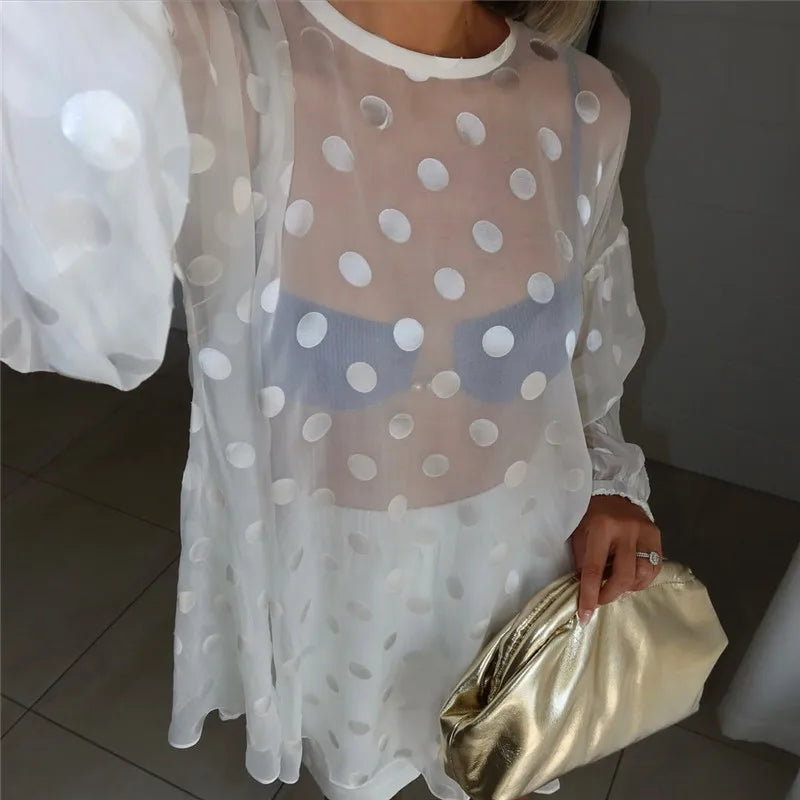 Sheer Mesh Long Puff Sleeve Casual Summer Cover Up T Shirt Blouse Women Y2K Polka Dot Beach Cover Up Shirt Dress