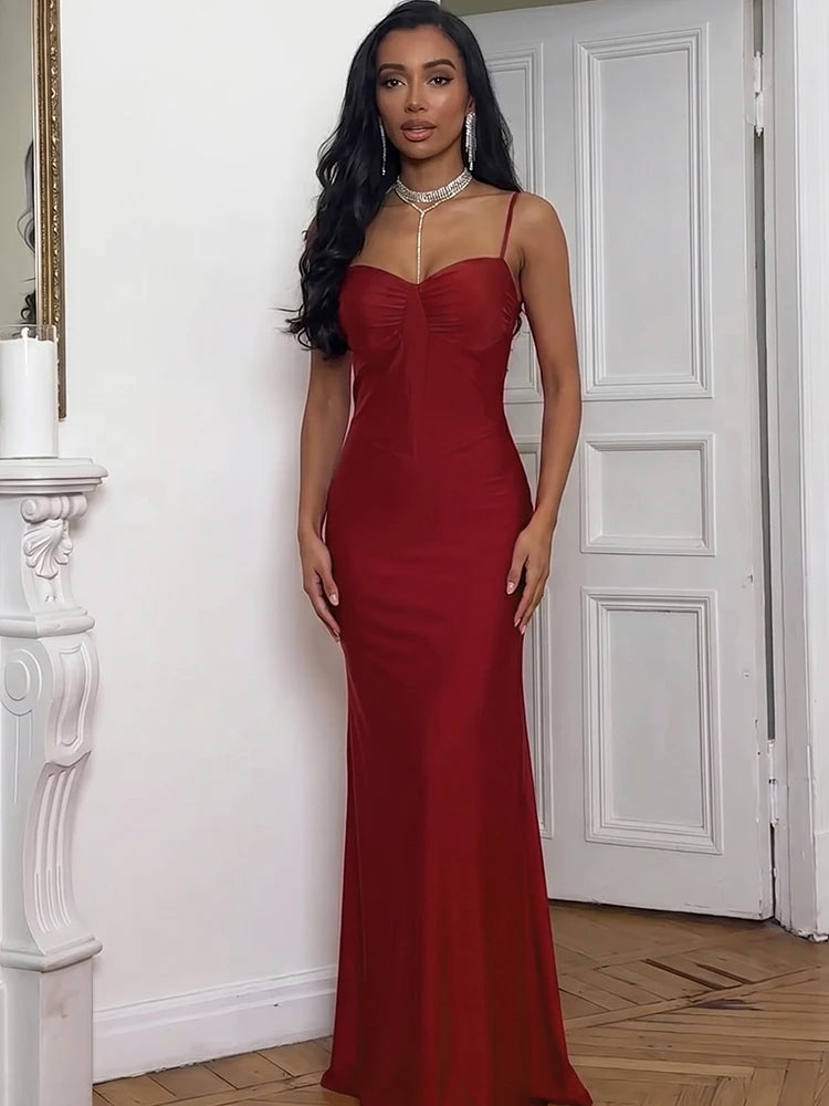 Elegant Low-Neck Folds Maxi Dress Women Sleeveless Skinny Dinner Party Vacation Summer Fashion Simple Classic Vestidos