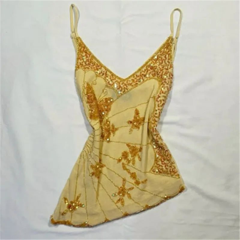 Sexy Sequin Slim Fit Irregular Strap Tank Crop Tops Versatile Sexy Hot Girl Summer Mesh See Through Sleeveless Tee Shirt