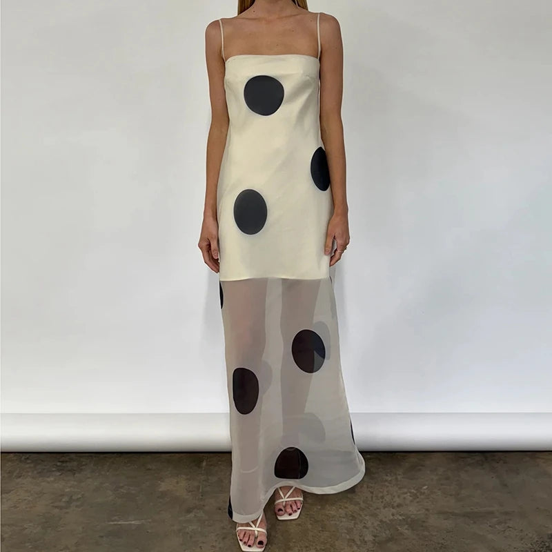 Women Polka Dot Maxi Dress Spaghetti Strap Sheer Mesh Long Dress Sexy Sleeveless Backless Elegant Summer Dresses