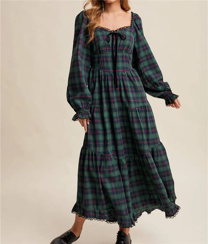 Women Christmas Tartan Plaid Tiered Maxi Dress Square Neck Lace Trim Bow Long Puff Sleeve Smocked Back Ruffle Hem Dress