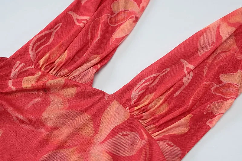 Red Floral Dress Beach Woman Summer Vacation Outfits Deep V Cutout Backless Split Long Dresses Elegant Sexy