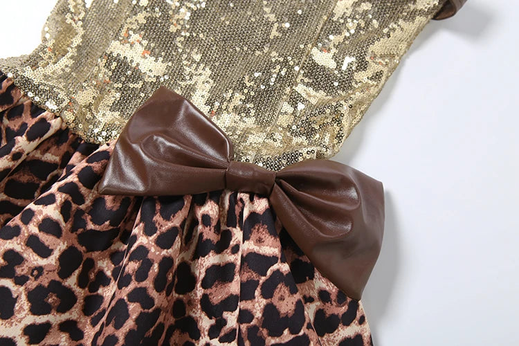 Fashion Sequin Patchwork Leopard 3 Piece Set Women Belt Metal Buckle Vest+Bow Ruffled Skirts+Short Trend Party Clubwear