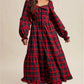 Women Christmas Tartan Plaid Tiered Maxi Dress Square Neck Lace Trim Bow Long Puff Sleeve Smocked Back Ruffle Hem Dress