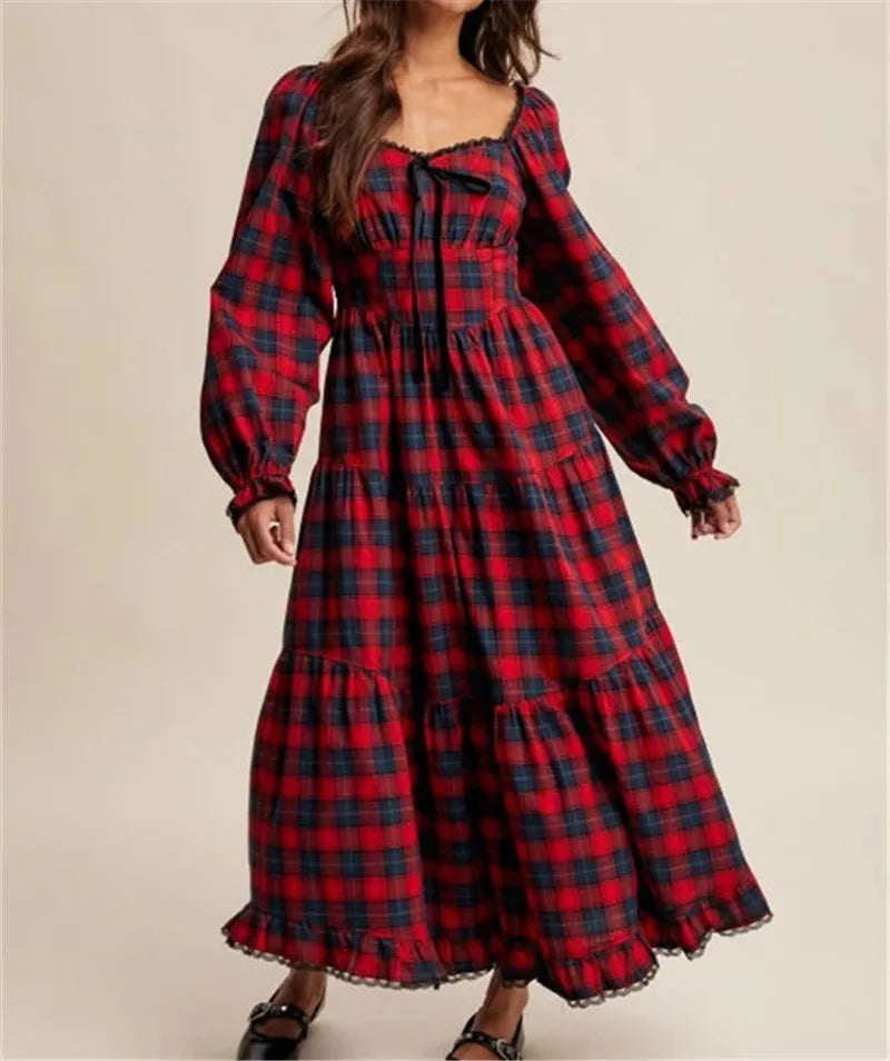 Women Christmas Tartan Plaid Tiered Maxi Dress Square Neck Lace Trim Bow Long Puff Sleeve Smocked Back Ruffle Hem Dress