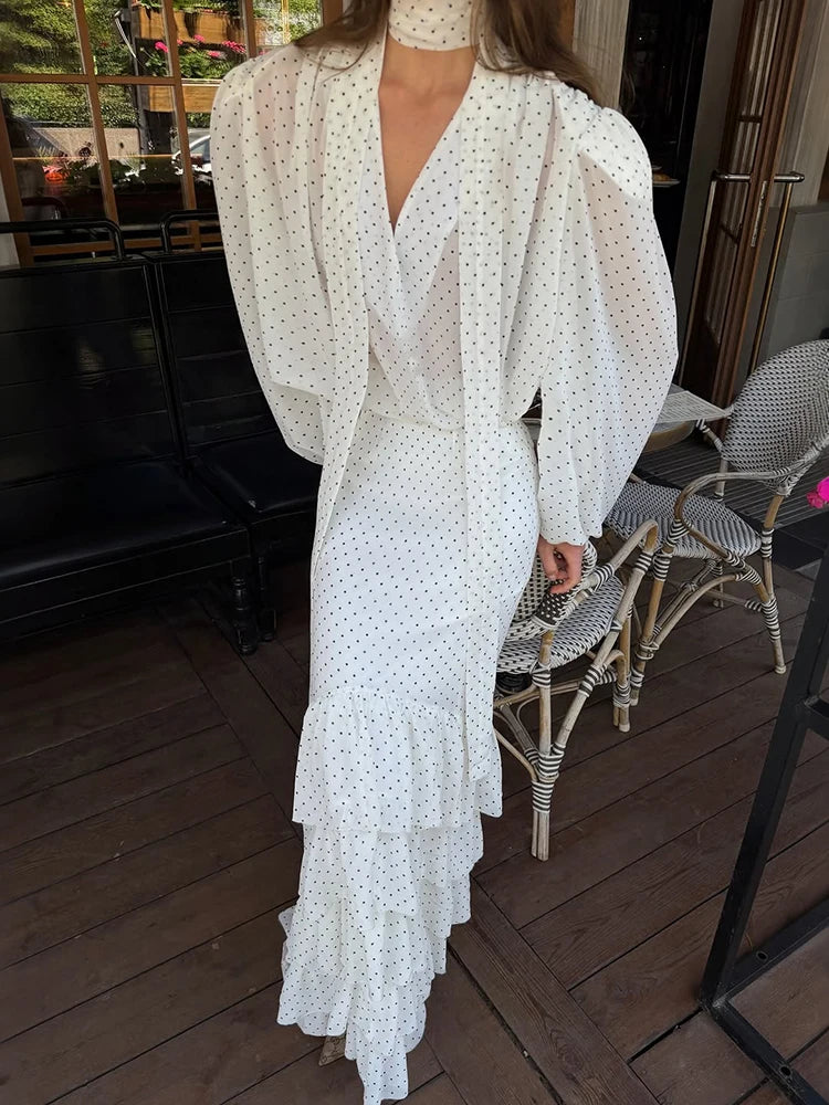 Elegant Polka Dot Print Mesh 2 Piece Set Women Trend Cross V-Neck Full Sleeve Tops+Ruffled Patchwork Skirt Party Suit