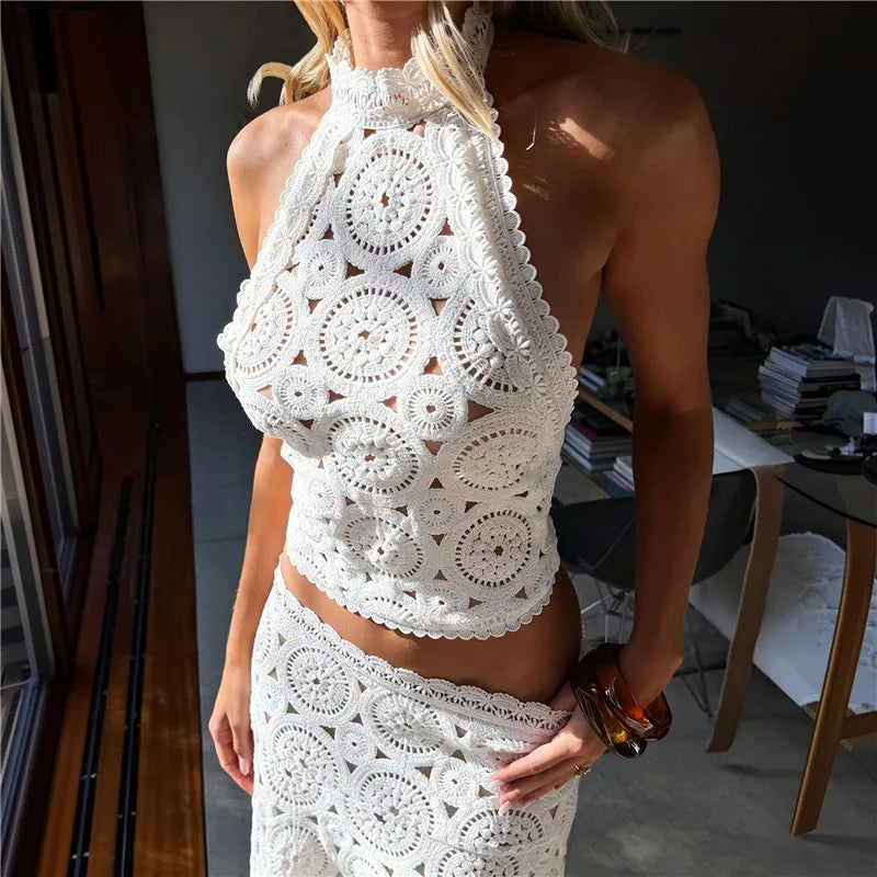 Crochet Lace Two Piece Set Women Halter Crop Top Asymmetrical Midi Skirt Hollow Out Boho Beach Vacation Matching Outfit