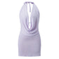 Women Knitted Halter Dress Slim Solid Cowl Neckline Sleeveless Open Back Mini Bodycon Dress for Summer Party Clubwear