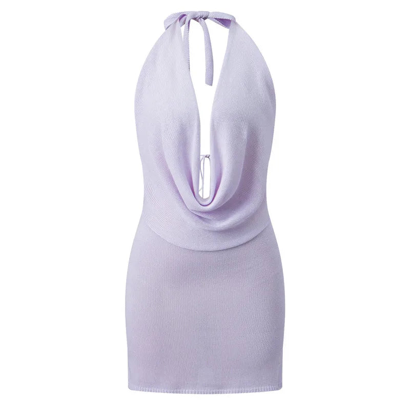 Women Knitted Halter Dress Slim Solid Cowl Neckline Sleeveless Open Back Mini Bodycon Dress for Summer Party Clubwear