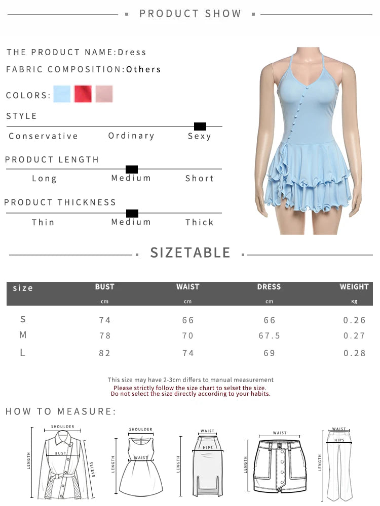 Buttons Tierred Dress Women Y2K Irregular Halter Backless Low-Neck Split Folds Skinny Summer Trend Birthday Bodycon