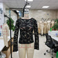 Women's Lace See Through Backless T Shirt Tops High Street Solid Color Long Sleeve Boat Neck Slim Fit Shirts Blouse