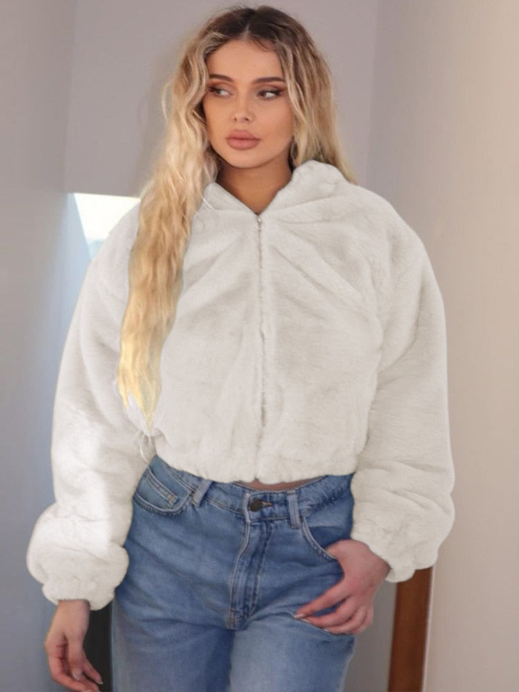 Fluffy Zip Up Crop Hoodies & Sweatshirts Short Jacket Women Clothing Cardigan Plush Outerwear