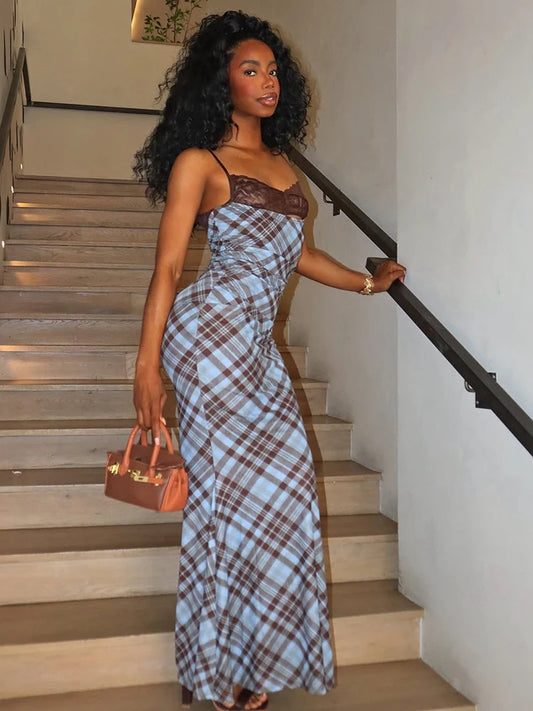 Plaid Print Maxi Dress Women Patchwork Lace Low-Neck Backless Sexy Vacation Street Fashion Skinny Chic Vestidos