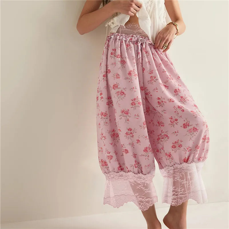 Bohemian Floral Print Lace Trim Cropped Bloomers High Waist Drawstring Loose Casual Pants for Women Loungewear Sleepwear