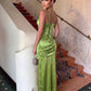 Skew Collar Elegant Hollow Shirring Satin Dress Women Fashion Classic Ruched Patchwork Sleeveless Sexy Party Long Bodycon