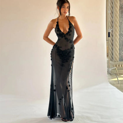 Women Y2k Mesh Maxi Dress Sexy Spaghetti Strap Bodycon Long Dress Sleeveless Backless See Through Cami Dress Party Club
