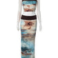 Tie-dye Print 2-Piece Set Women Patchwork Strapless Tops+Straight Skirt Vacation Beach Party Skinny Matching Clubwear