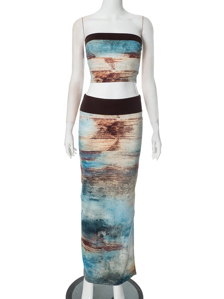 Tie-dye Print 2-Piece Set Women Patchwork Strapless Tops+Straight Skirt Vacation Beach Party Skinny Matching Clubwear