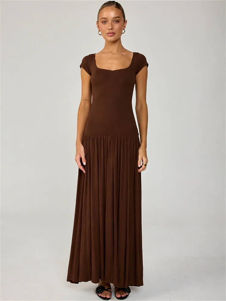Women Square Cap Sleeve Midi Dress Elegant Brown U Neck Slim Waist Bodycon Club Party Pleated Long Dresses Fashion