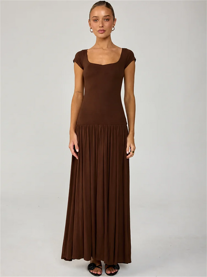 Women Square Cap Sleeve Midi Dress Elegant Brown U Neck Slim Waist Bodycon Club Party Pleated Long Dresses Fashion