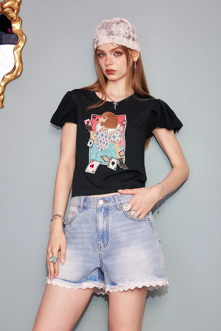 2025 Summer New Arrival Sweet Cool Faux Ice Silk Bubble Sleeve Printed Knit Sweater Women‘s’ Fit Short Sleeve Top