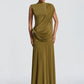 Women High Neck Sleeveless Maxi Dress Side Back Cutout Draped Knot Ruched Mermaid Evening Wedding Guest Formal Dress