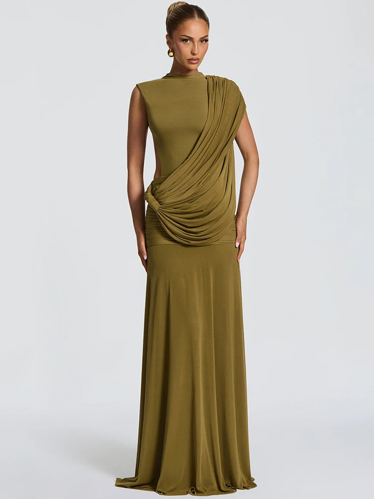 Women High Neck Sleeveless Maxi Dress Side Back Cutout Draped Knot Ruched Mermaid Evening Wedding Guest Formal Dress