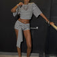 Stripe Print 2 Piece Set Woman o-Neck Half Sleeve Crop Tops+Bandage Taseel Mini Shorts High Street Fashion Outfits