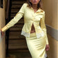 Women 2 Piece Outfit Lace Trim Long Sleeve Button Down Shirt Midi Pencil Skirt Set Elegant Office Party Matching Suit