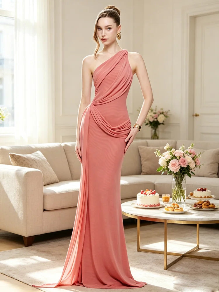 Mesh Tassel Maxi Dress Women Slanted Shoulder Folds Solid Elegant Birthday Party Vacation Summer Fashion Vestidos