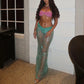 Women Halloween Mermaid Costume Cosplay 2pcs Set Halter Neck Pearled Bra + Fancy Sequins Sheer Mesh Fishtail Long Skirt