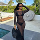 Women Slash Neck Mesh See-Through Dress New Sexy Slim Pullover Long Sleeve Floor-Length Solid Dresses Beach Cover ups