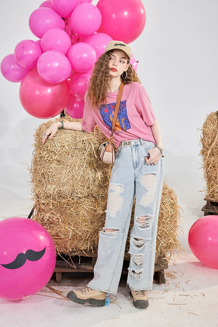 Cartoon Cat Print T-Shirt for Women, Cute Graphic Tee with Fun Text Detail, Casual Pink Summer Top for Daily Outfits